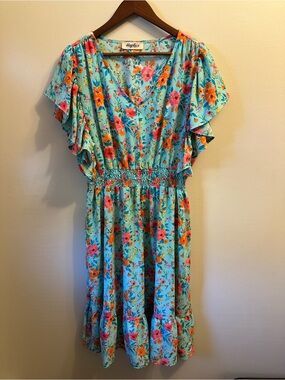 #368 Haptics Turquoise Floral V-Neck Smocked Midi Dress